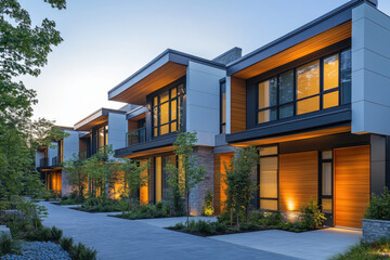 Sleek modern home with geometric lines, large windows, and minimalist landscaping in a suburban neighborhood.