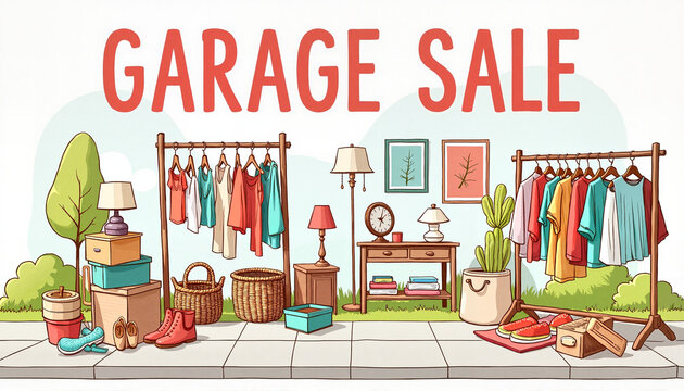 Colorful garage sale banner featuring cheerful sidewalk sale display, community spirit