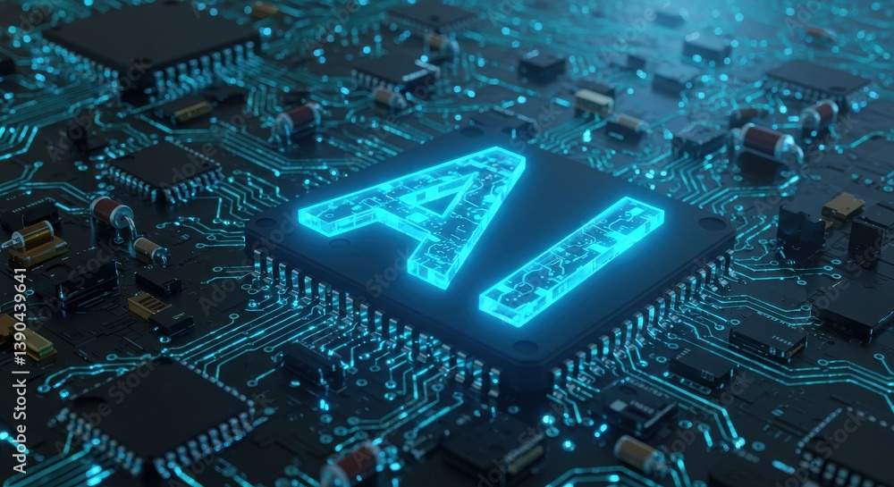 Poster a glowing ai symbol on a microchip surrounded by intricate electronic components and circuit pattern