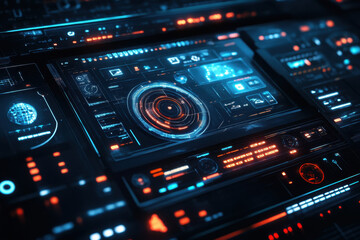 Futuristic interface displaying glowing buttons and screens, casting a blue hue in a dimly lit room.