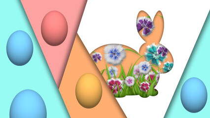 easter eggs and bunny fill up with beautiful flowers. concept for easter holiday celebration.