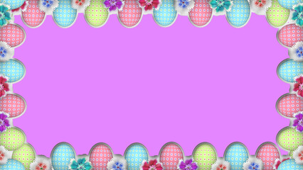 beautiful easter holiday decorated frame with different colourful eggs and flowers on pink colour background. concept for easter holiday greetings and blessings.