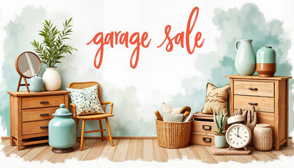 Creative garage sale banner with artistic watercolor background  