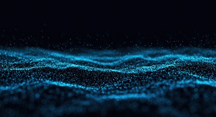 Abstract blue sparkling particles flowing against a dark background creating wave patterns