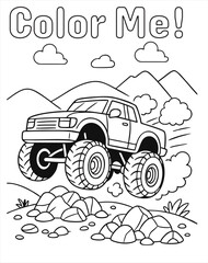 Black and white coloring page featuring a monster truck jumping over rocks in a mountain landscape. Fun activity for kids. Isolated on white background. © Michailas