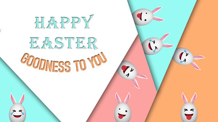 happy easter and goodness to you greetings with funny expression easter eggs on colorful shapes. happy easter holiday greetings with funny eggs.