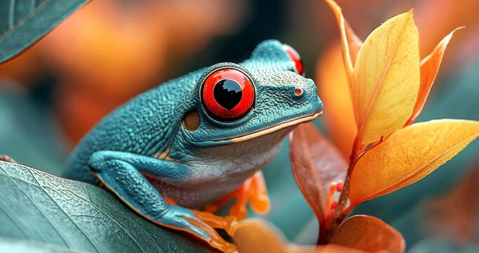 A vibrant blue frog with striking red eyes sits on a lush green leaf in a tropical rainforest.
