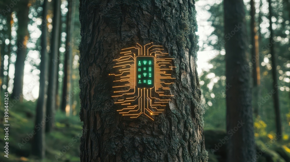 Poster a tree trunk displaying an integrated circuit in a forest