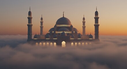 Magnificent white mosque structure hovering above ethereal blanket of clouds