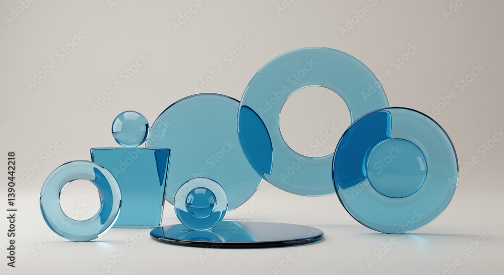 Poster Serene blue glass shapes forming a captivating abstract composition with subtle reflections and a minimalist background.