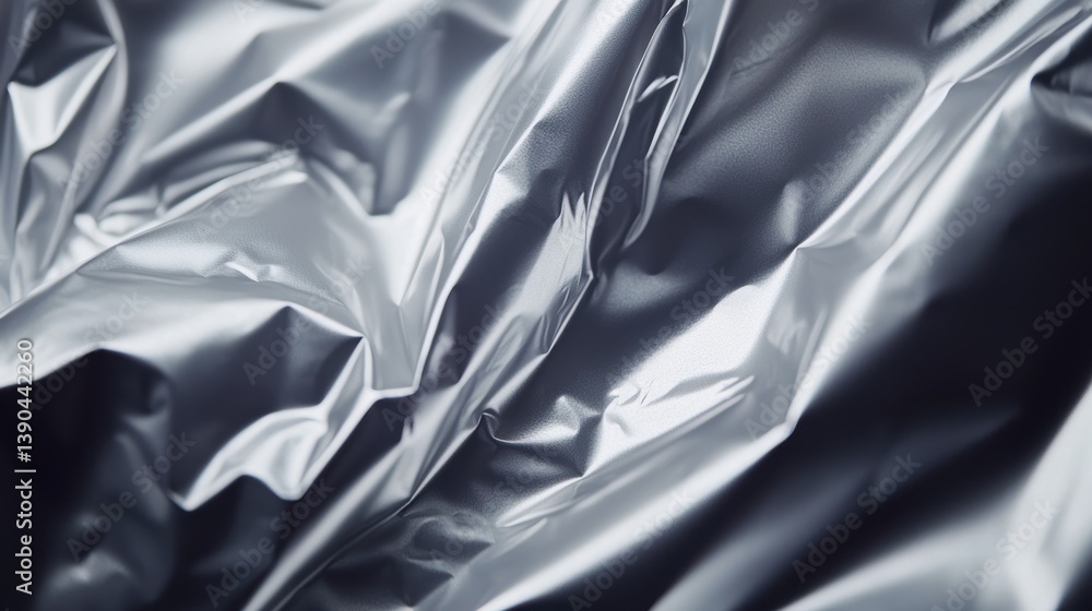 Poster a close-up view of crumpled, shiny metallic foil, showcasing intricate folds and reflections that cr