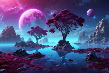 Alien Planet Landscape with Floating Islands and Bioluminescent Trees