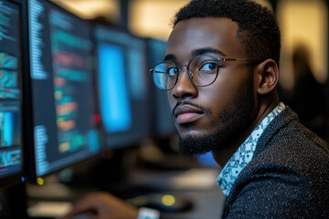 Fototapeta premium Man with glasses studying computer screen intently.