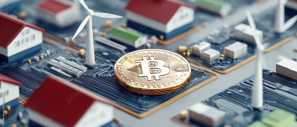 Poster a detailed digital representation showcasing a bitcoin coin amidst a circuit board layout featuring 
