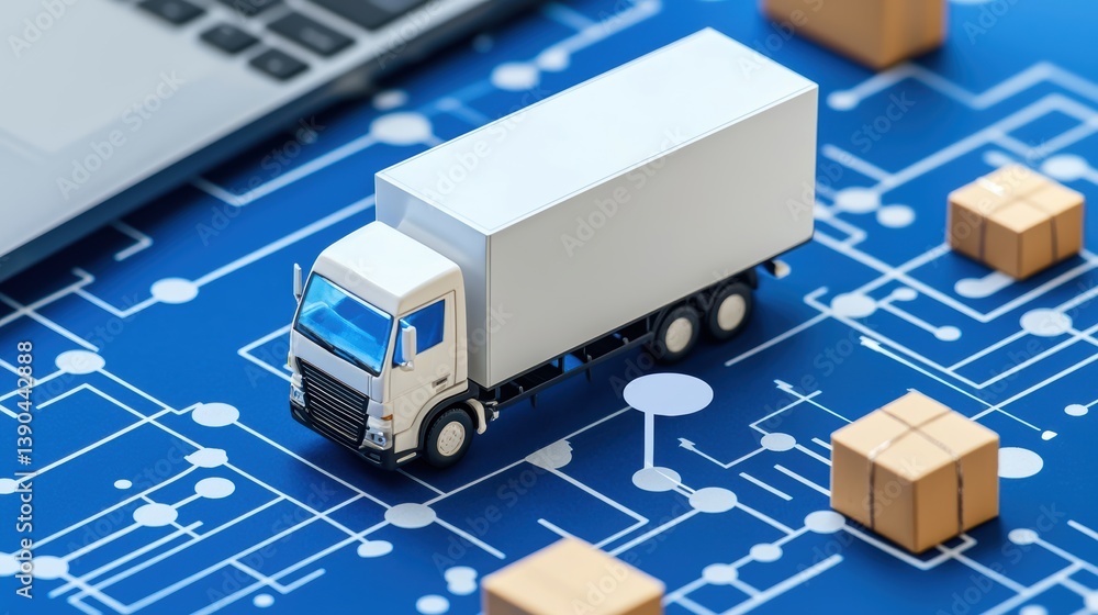 Aufkleber a model truck on a digital blueprint with boxes, symbolizing logistics and supply chain management i