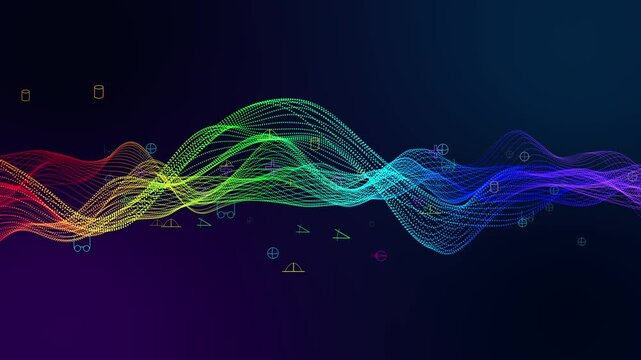 Abstract futuristic particle wave animation in human color spectrum against a blue violet gradient background with floating optometry and vision science symbols, eye diagnostics, biometric technology
