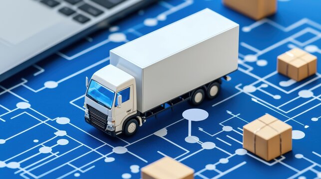 A model truck on a digital blueprint with boxes, symbolizing logistics and supply chain management in a tech-driven environment.