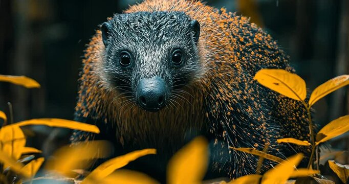 Static shot of a tenrec in a rainforest, looking curiously at the camera.