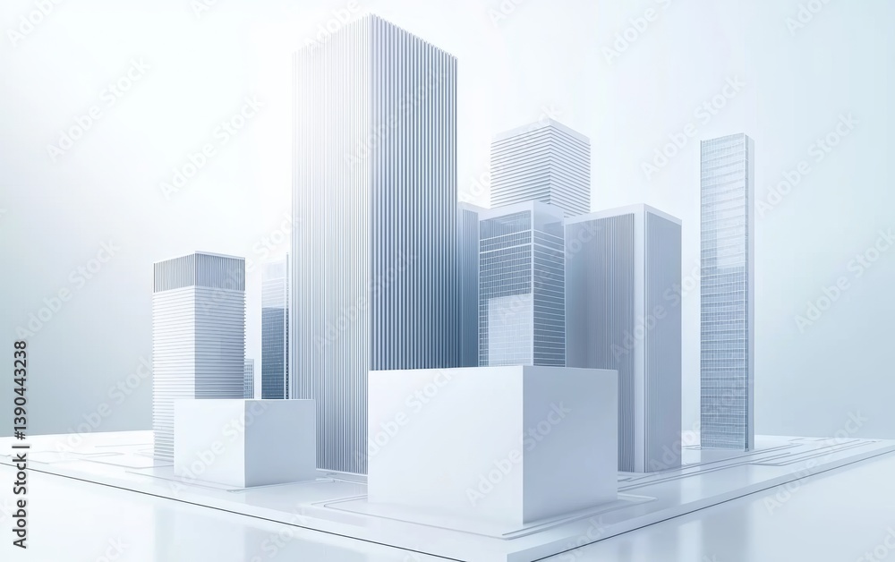 Poster a minimalist architectural model of tall buildings featuring sleek lines and a monochromatic color s