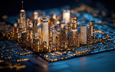 A detailed, illuminated miniature city skyline showcasing modern skyscrapers against a dark backdrop, highlighting architectural beauty and urban design.