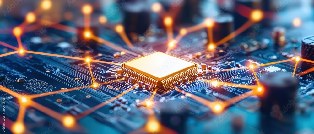 Poster an intricate close-up of a microchip on a circuit board, showcasing glowing connections that signify