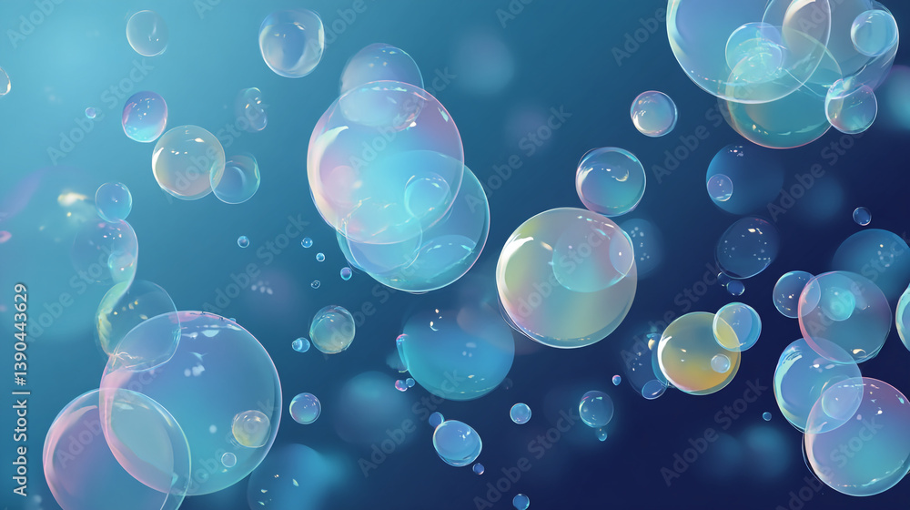 Poster a collection of iridescent bubbles floating against a gradient blue and dark blue background