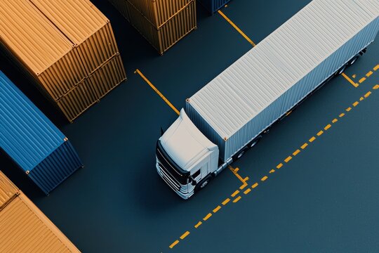 Aerial view of a truck maneuvering through a shipping yard filled with colorful cargo containers, showcasing logistics and transportation.