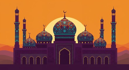 Obraz premium Serene Silhouette: Ornate Mosque Against Golden Sunset, Cultural Legacy