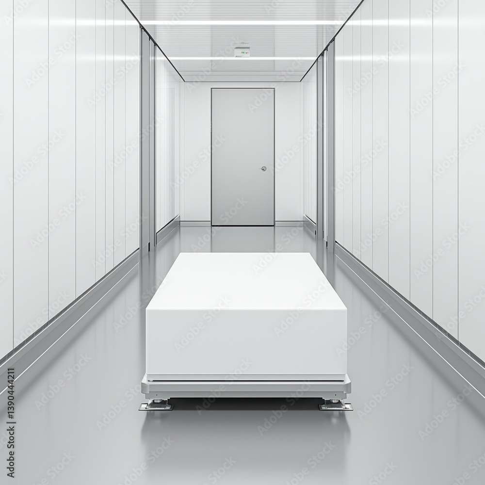 Poster a minimalistic hallway featuring a sleek white object on a platform, with a closed door at the end, 