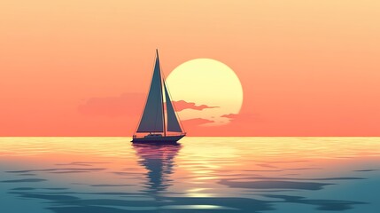 Fototapeta premium Sailboat at sunset, calm ocean. (1)