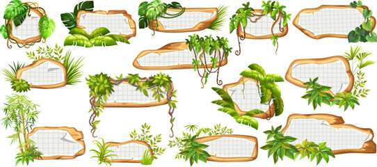 Game panels in jungle with liana branches and leaves, ivy. Set isolated wooden elements with old paper, with ragged square graph paper, school math sheet. Vector signboards with school page.