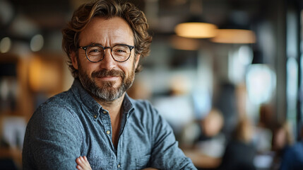 Obraz premium Businessman smiles in modern cafe