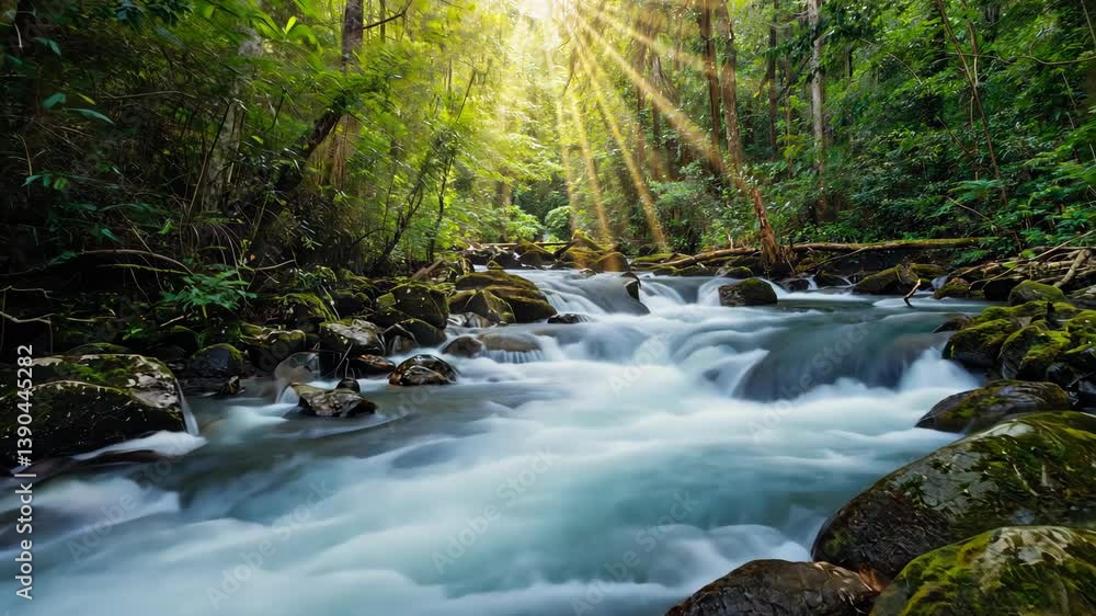 Aufkleber calm river flows through lush forest with sunlight filtering through trees in a serene natural setti