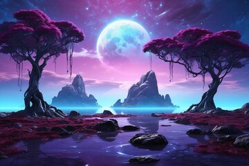 Alien Planet Landscape with Floating Islands and Bioluminescent Trees