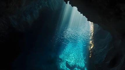 Sunlit Cave Pool: Glimpses of light penetrate through the cave ceiling, illuminating the turquoise waters. An enchanting scene blending darkness and radiance.