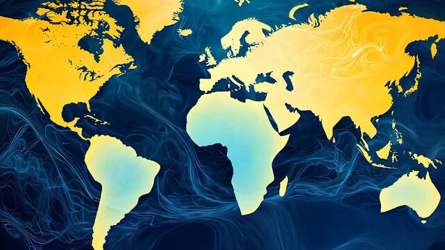 Abstract world map with swirling energy patterns, warm and cool tones