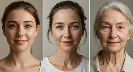 Three portraits of women at different stages of life: youth, adulthood, and elder