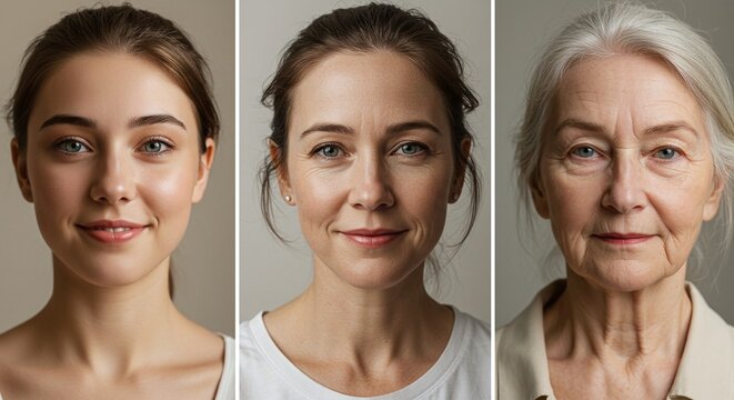 Three portraits of women at different stages of life: youth, adulthood, and elder