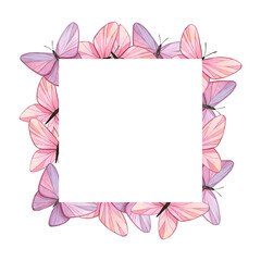 Square frame with pink and lilac butterflies Watercolor illustration.