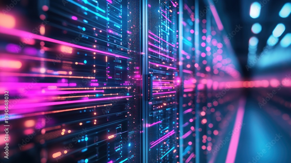 Poster glowing server racks in a modern data center