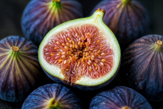 closeup of fresh figs with deep purple skin covered in tiny water droplets un primer plano de higos frescos con la piel de color p&uacute;rpura intenso cubierta de diminutas gotas de agua incir