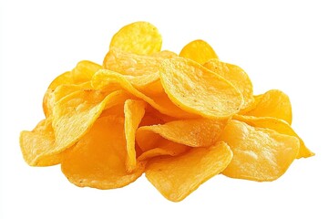 Golden Chips Isolated on White - A vibrant pile of golden chips, crunchy, salty, and perfect for snacking. Symbolizing: joy, leisure, satisfaction, flavor, and togetherness