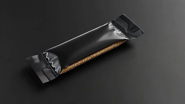 A single, dark-colored snack bar in sleek black packaging rests on a dark surface.