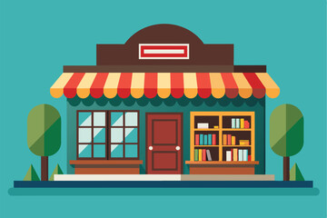 The charming bookstore features large windows, a bright awning, and shelves filled with books, creating an inviting atmosphere for all visitors.