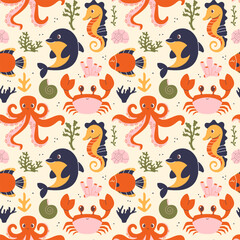 Seamless pattern with marine animals and plants