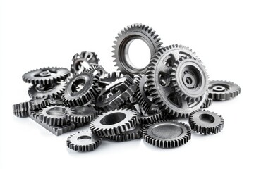 Metal Gears and Cogwheels Collection - A pile of various sized metal gears and cogwheels on a white background. Industrial, mechanical, engineering concept
