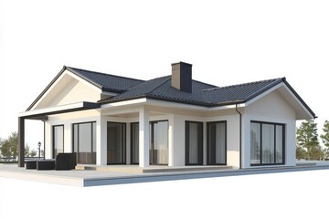 Obraz premium Modern Ranch House Exterior Design - Contemporary single story home with dark roof, large windows, and patio. Ideal for family living