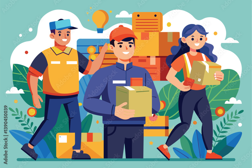 Poster three delivery workers are actively involved in package handling, surrounded by colorful boxes and p