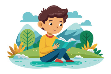 The boy sits contentedly on the ground, absorbed in a book amid lush greenery with mountains and clouds in the background, showcasing a peaceful moment in nature.