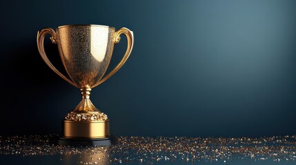 Gold Trophy on Blue Background with Glittering Confetti Display